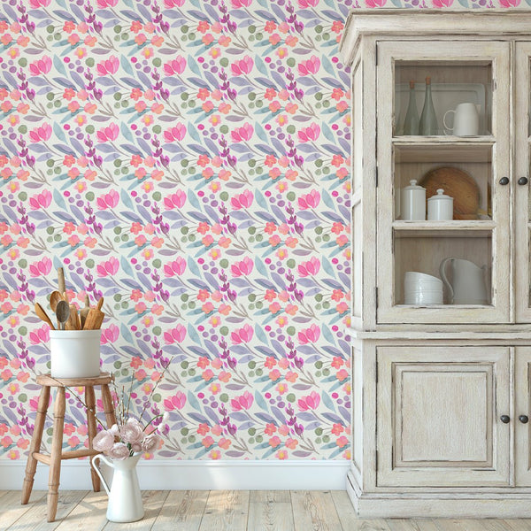 Pink Purple Flowers Wallpaper CC226 - CostaCover - Peel and stick Removable Wallpaper - accent wallpaper - adhesive wallpaper - bathroom wallpaper
