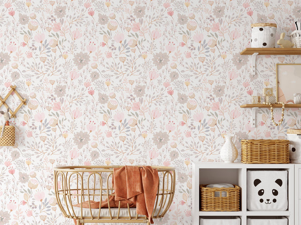 Pastel Pink Flowers Wallpaper CC271 - CostaCover - Peel and stick Removable Wallpaper - accent wallpaper - Best Peel And Stick Removeable Wallpaper - best peel and stick wallpaper