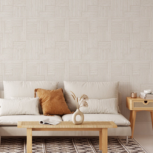 Beige Boho Lines Wallpaper CC188 - CostaCover - Peel and stick Removable Wallpaper - Abstract Beige Gold Stripes Waves Removable Wallpaper near me - accent wallpaper - beige wallpaper
