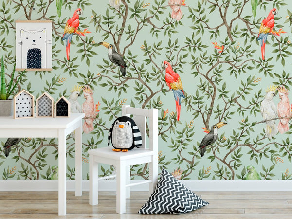 Parrots on Tropical Tree Wallpaper CC035 - CostaCover - Peel and stick Removable Wallpaper - accent wallpaper - adhesive wallpaper - bathroom wallpaper