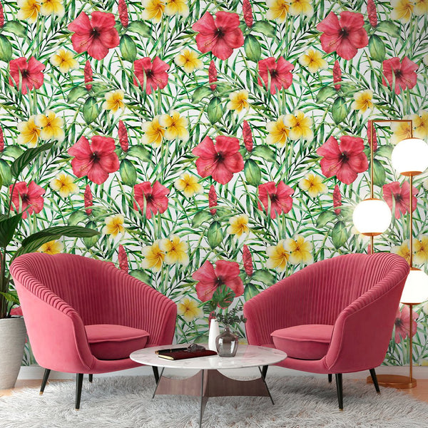 Tropical Colorful Flowers Wallpaper CC038 - CostaCover - Peel and stick Removable Wallpaper - accent wallpaper - adhesive wallpaper - bathroom wallpaper