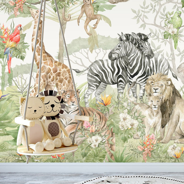 Watercolor Safari Animal Wall Mural CCM069 - CostaCover - Peel and stick Removable Wallpaper - 3d wall murals - adhesive wallpaper - adhesive wallpaper design