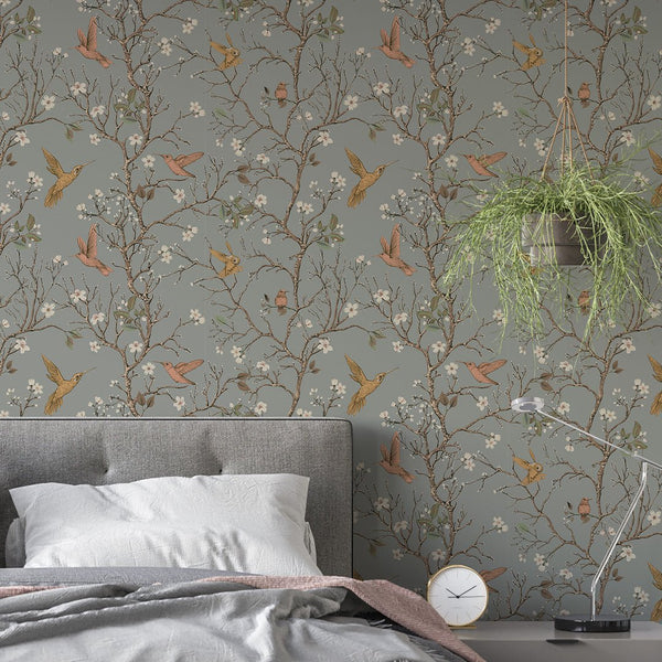 Tree Branch & Hummingbird Wallpaper CC240 - CostaCover - Peel and stick Removable Wallpaper - accent wallpaper - adhesive wallpaper - Animal print wallpaper