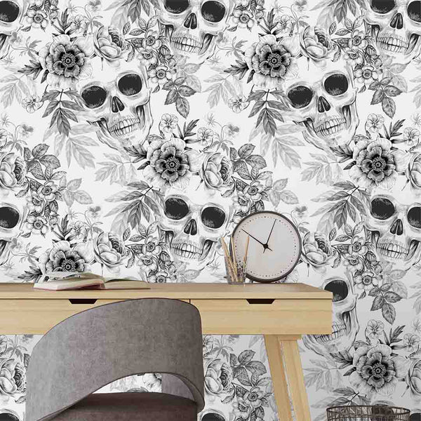 Black & White Skulls Flowers Wallpaper CC256 - CostaCover - Peel and stick Removable Wallpaper - abstract wall art - accent wallpaper - adhesive wallpaper