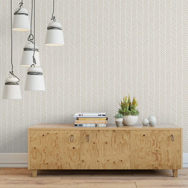 Beige Herringbone Chevron Wallpaper CC031 - CostaCover - Peel and stick Removable Wallpaper - Abstract Beige Gold Stripes Waves Removable Wallpaper near me - accent wallpaper - bedroom interior
