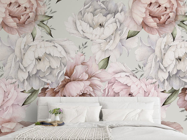 Pink & White Peonies Wall Mural CCM027 - CostaCover - Peel and stick Removable Wallpaper - accent wallpaper - adhesive wallpaper - baby bedroom