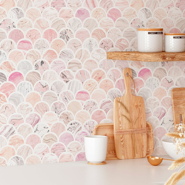 Pink Art Deco Scallops Wallpaper CC081 - CostaCover - Peel and stick Removable Wallpaper - abstract wallpaper - accent wallpaper - adhesive wallpaper