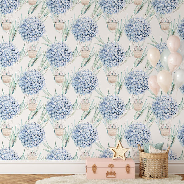 Watercolor Blue Hydrangea Wallpaper CC238 - CostaCover - Peel and stick Removable Wallpaper - accent wallpaper - Aqua blue wallpaper - blue and white