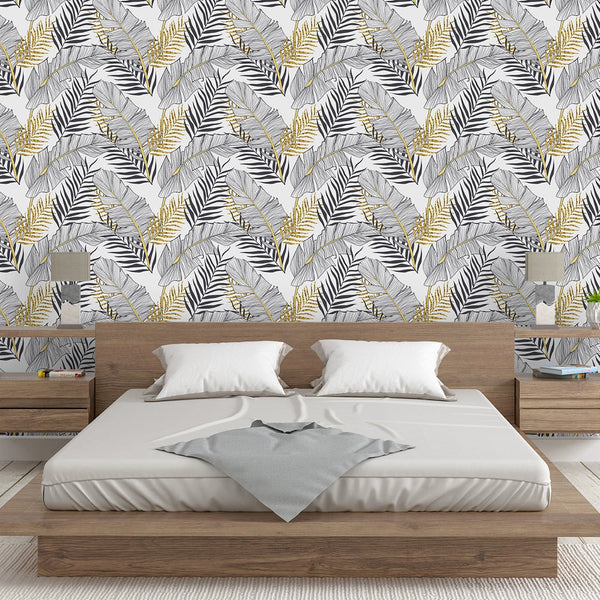 Black Gold Palm Leaves Wallpaper CC234 - CostaCover - Peel and stick Removable Wallpaper - accent wallpaper - adhesive wallpaper - banana leaves
