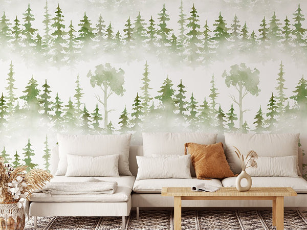 Misty gray-green washes and narrow evergreen silhouettes characterize this watercolor tree wallpaper, ideal for an accent wall in a cozy kid's bedroom or hallway. With high-quality removable material, it's perfect for renters looking for a temporary and stylish home decor update.