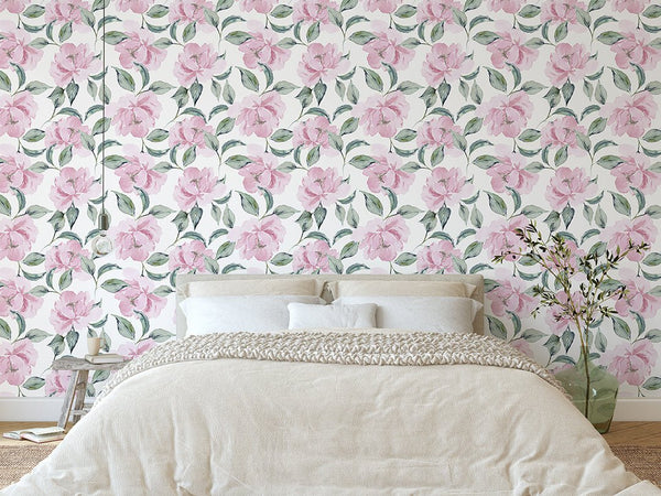 Watercolor Pink Peonies Wallpaper CC236 - CostaCover - Peel and stick Removable Wallpaper - accent wallpaper - adhesive wallpaper - bedroom interior