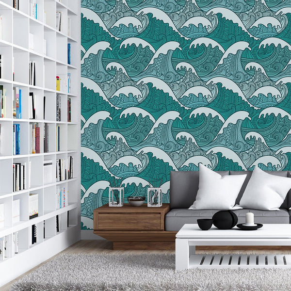 Japanese Green Waves Wallpaper CC096 - CostaCover - Peel and stick Removable Wallpaper - adhesive wallpaper - Backsplash panels - bathroom wallpaper