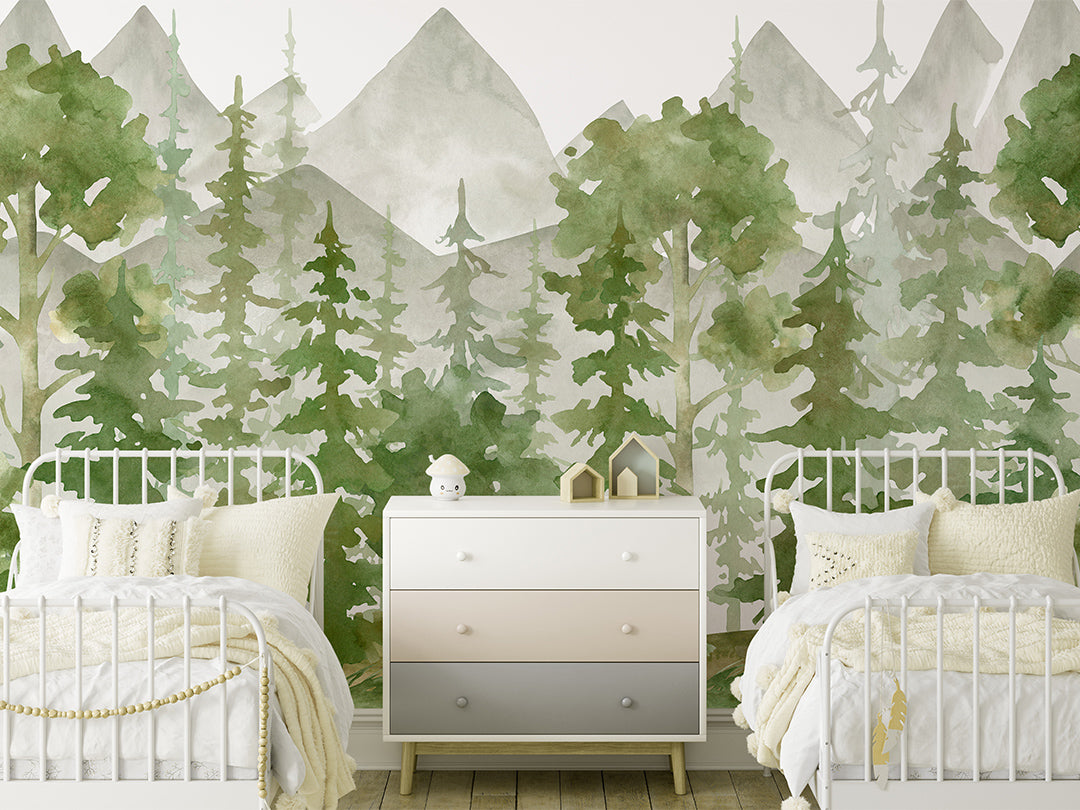 Watercolor Green Woodland Forest Self Adhesive Mural CCM106