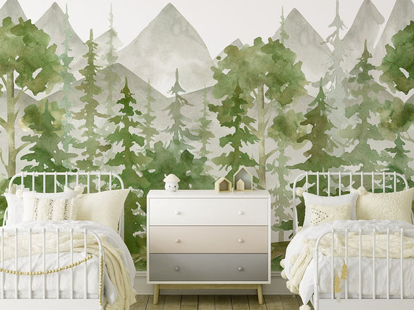 Watercolor Green Forest Wall Mural CCM106 - CostaCover - Peel and stick Removable Wallpaper - accent wallpaper - adhesive wallpaper - bathroom wallpaper