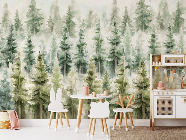 Watercolor Woodland Scenic Wall Mural CCM113 - CostaCover - Peel and stick Removable Wallpaper - accent wallpaper - adhesive wallpaper - baby wallpaper
