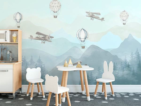 Air Balloons, Airplanes and Mountains Wall Mural CCM088 - CostaCover - Peel and stick Removable Wallpaper - accent wallpaper - adhesive wallpaper - adhesive wallpaper design