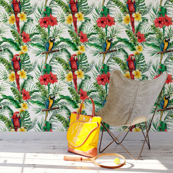 Tropical Parrots & Flowers Wallpaper CC041 - CostaCover - Peel and stick Removable Wallpaper - accent wallpaper - adhesive wallpaper - bathroom wallpaper