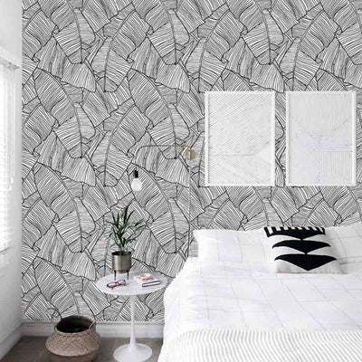 Black and White Tropical Banana Leaves Self Adhesive Wallpaper CC254