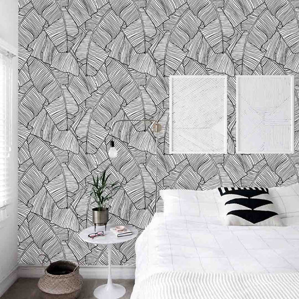 Black & White Banana Leaves Wallpaper CC254 - CostaCover - Peel and stick Removable Wallpaper - accent wallpaper - adhesive wallpaper - banana leaves