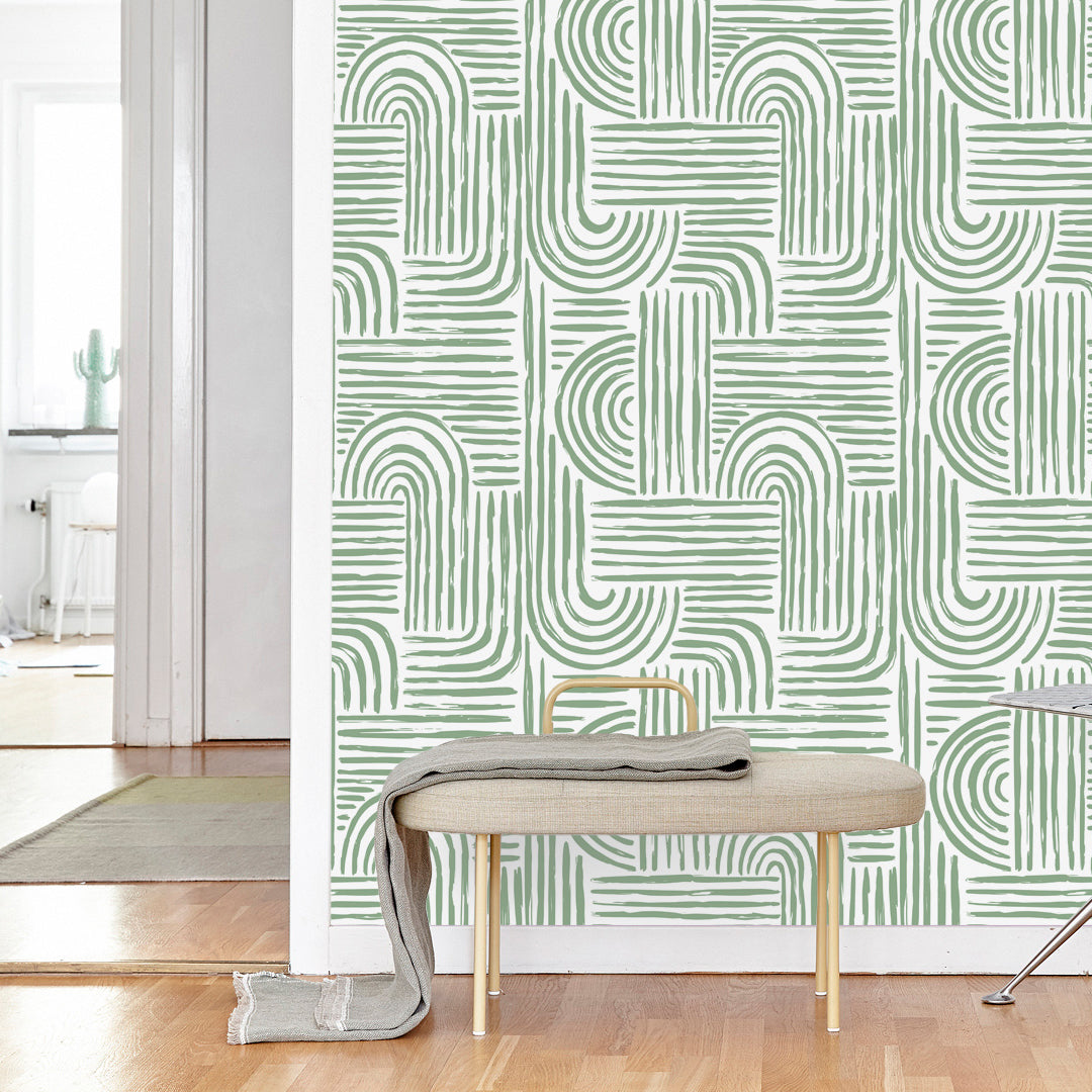Green Lines Boho Style Scandinavian Modern Wallpaper CC278