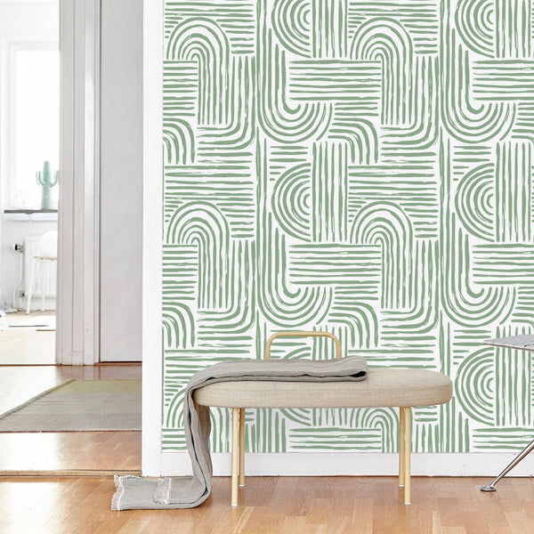 Green Lines Boho Wallpaper CC278 - CostaCover - Peel and stick Removable Wallpaper - abstract lines - accent wallpaper - bathroom wallpaper