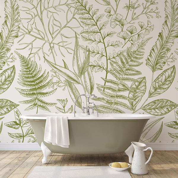 Light Green Fern Wall Mural CCM082 - CostaCover - Peel and stick Removable Wallpaper - accent wallpaper - adhesive wallpaper - bathroom wallpaper