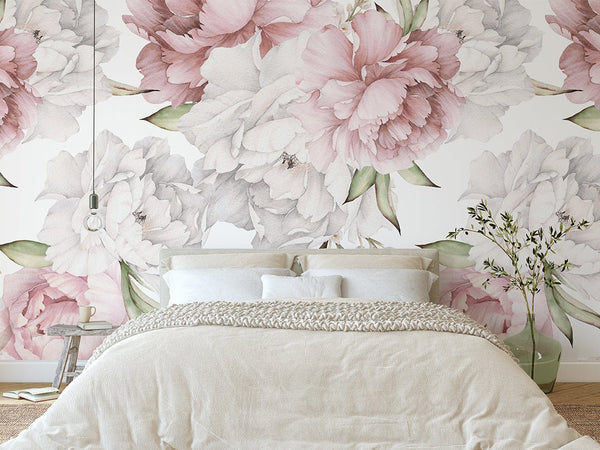 Pastel Pink & White Peony Wall Mural CCM109 - CostaCover - Peel and stick Removable Wallpaper - accent wallpaper - adhesive wallpaper - bathroom wallpaper