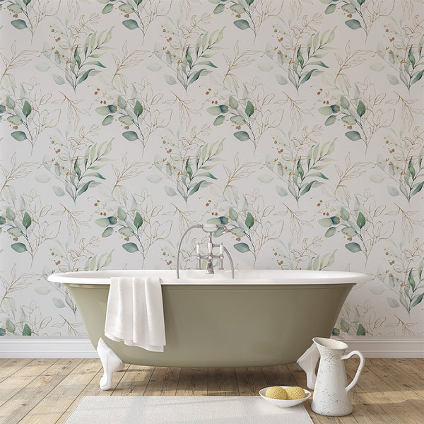 Green Eucalyptus Leaves Wallpaper CC228 - CostaCover - Peel and stick Removable Wallpaper - accent wallpaper - adhesive wallpaper - bathroom wallpaper