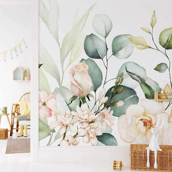 Large Roses and Eucalyptus Wall Mural CCM101 - CostaCover - Peel and stick Removable Wallpaper - 3d wall murals - accent wallpaper - adhesive wallpaper