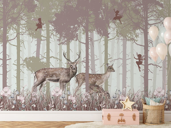 Fairy Forest with Animals Wall Mural CCM018 - CostaCover - Peel and stick Removable Wallpaper - accent wallpaper - baby bedroom - bedroom interior