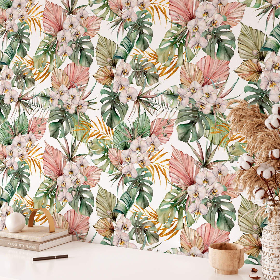 Boho Style Tropical with White Orchids Pink Leaves Self Adhesive Wallpaper CC054