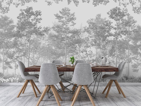 Tonal silhouettes of tree trunks and canopies create a peaceful forest atmosphere, suitable for a tranquil bedroom or modern hallway. Ideal for renters seeking traditional unpasted wallpaper.