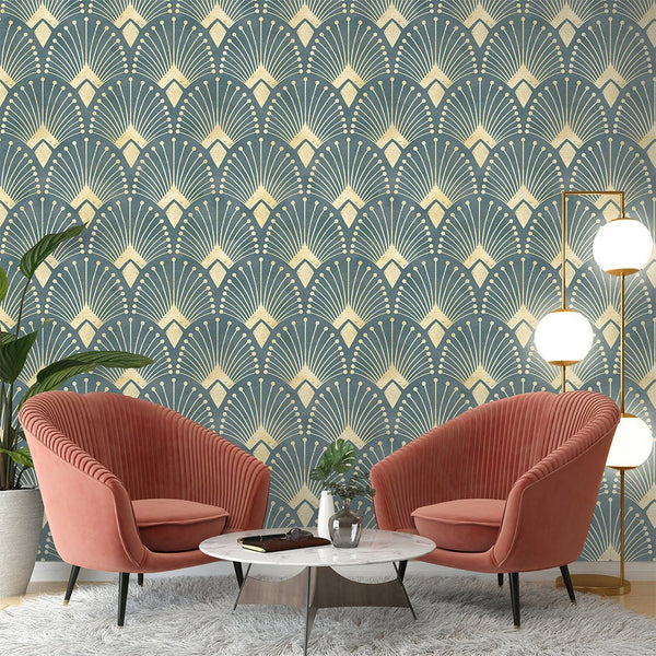 Green Blue Art Deco Wallpaper CC177 - CostaCover - Peel and stick Removable Wallpaper - accent wallpaper - art deco - art deco decor