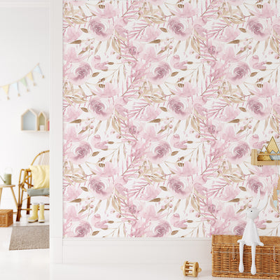 Blush Pink Flowers and Leaves Boho Pastel Floral Wallpaper CC269