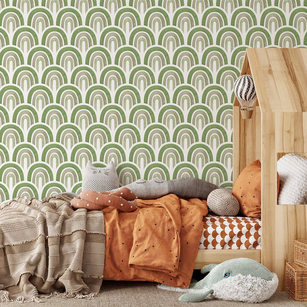 Boho Green Waves Wallpaper CC262 - CostaCover - Peel and stick Removable Wallpaper - accent wallpaper - adhesive wallpaper - children wallpaper