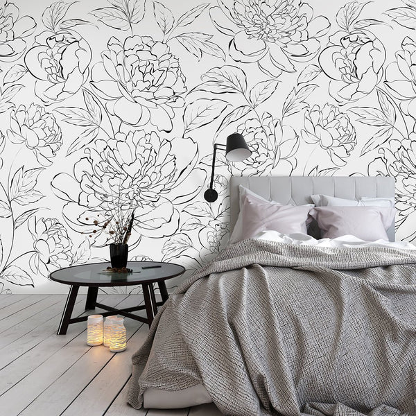 Black & White Line Art Peony Wall Mural CCM077 - CostaCover - Peel and stick Removable Wallpaper - abstract lines - abstract wallpaper - accent wallpaper