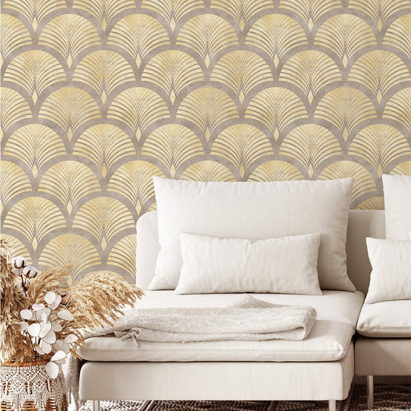 Beige Brown Scallops Wallpaper CC179 - CostaCover - Peel and stick Removable Wallpaper - Abstract Beige Gold Stripes Waves Removable Wallpaper - accent wallpaper - art deco