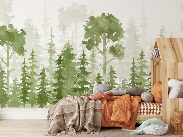 Watercolor Pine Tree Forest Wall Mural CCM079 - CostaCover - Peel and stick Removable Wallpaper - accent wallpaper - Decorative wallpaper - fairy kids print