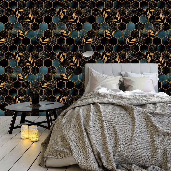 Black Gold Honeycomb Wallpaper CC043 - CostaCover - Peel and stick Removable Wallpaper - abstract wallpaper - accent wallpaper - adhesive wallpaper