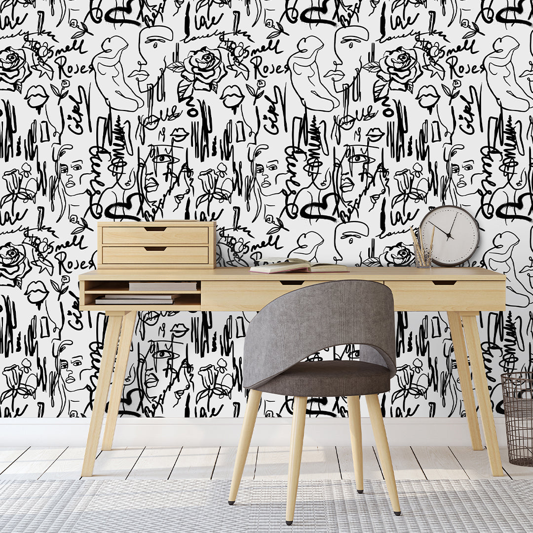 Black and White Abstract Female Line Art Self Adhesive Wallpaper CC255