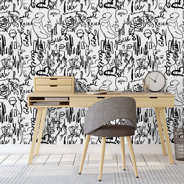 Black & White Female Line Wallpaper CC255 - CostaCover - Peel and stick Removable Wallpaper - Abstract - abstract lines - abstract wall art