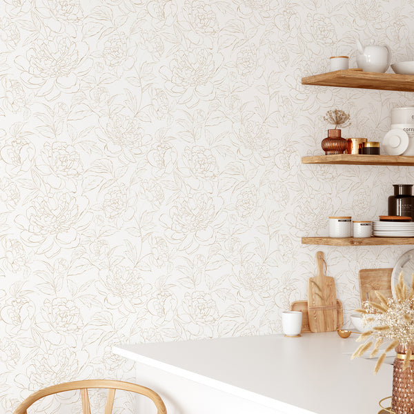 Beige Peony Lines Wallpaper CC275 - CostaCover - Peel and stick Removable Wallpaper - Abstract - abstract wallpaper - accent wallpaper