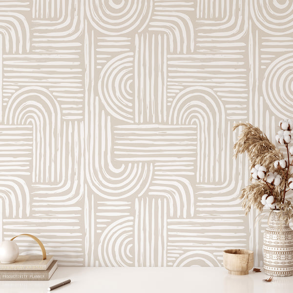 Beige Boho Arches Wallpaper CC274 - CostaCover - Peel and stick Removable Wallpaper - Abstract Beige Gold Stripes Waves Removable Wallpaper - Abstract Beige Gold Stripes Waves Removable Wallpaper near me - Abstract Beige Gold Stripes Waves Removable Wallpaper price