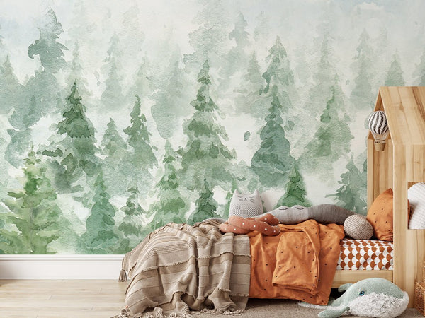 Green Watercolor Forest Wall Mural CCM111 - CostaCover - Peel and stick Removable Wallpaper - accent wallpaper - adhesive wallpaper - bedroom wallpaper