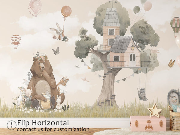 House & Cute Animals Wall Mural CCM090 - CostaCover - Peel and stick Removable Wallpaper - accent wallpaper - adhesive wallpaper - animal print