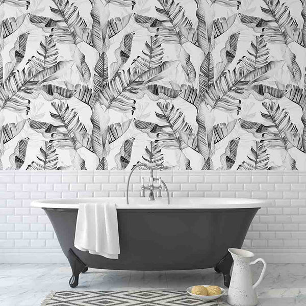 Black & White Palm Leaves Wallpaper CC253 - CostaCover - Peel and stick Removable Wallpaper - accent wallpaper - adhesive wallpaper - banana leaves