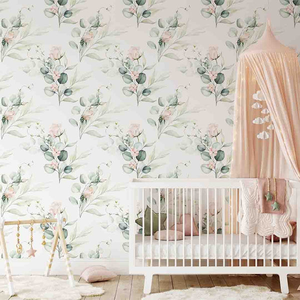 Eucalyptus and Roses Wallpaper CC252 - CostaCover - Peel and stick Removable Wallpaper - 3d wall painting - accent wallpaper - adhesive wallpaper design