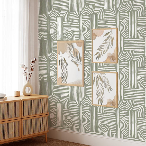 Green Olive Boho Lines Wallpaper CC276 - CostaCover - Peel and stick Removable Wallpaper - Abstract - abstract wallpaper - accent wallpaper