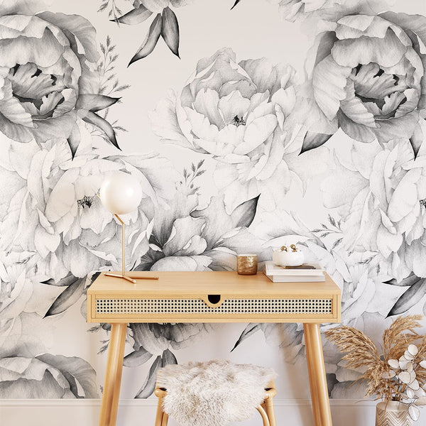 Black & White Watercolor Peonies Wall Mural CCM051 - CostaCover - Peel and stick Removable Wallpaper - 3d wall murals - accent wallpaper - Art Deco Removable Wallpaper near me