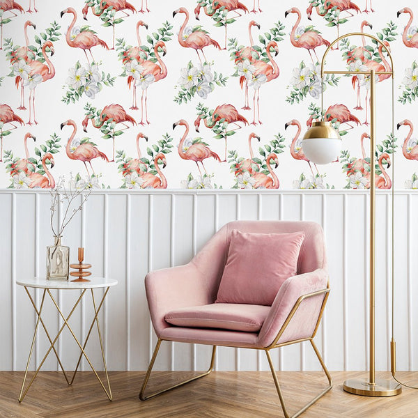 Tropical Flowers & Flamingo Wallpaper CC042 - CostaCover - Peel and stick Removable Wallpaper - accent wallpaper - adhesive wallpaper - bathroom wallpaper